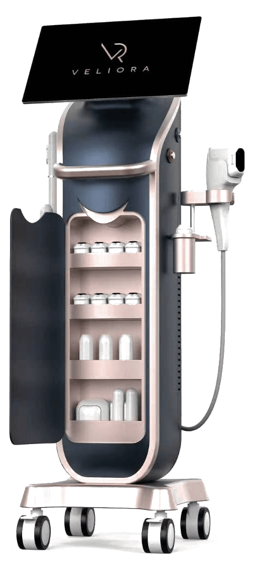 HIFU aesthetic device with handpiece tray open